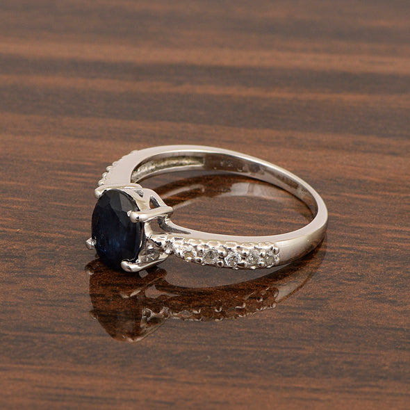 Solitaire Oval Cut 1.5 Ctw Blue Sapphire & White Accents 925 Sterling Silver Women Wedding Ring - Kimaya INC