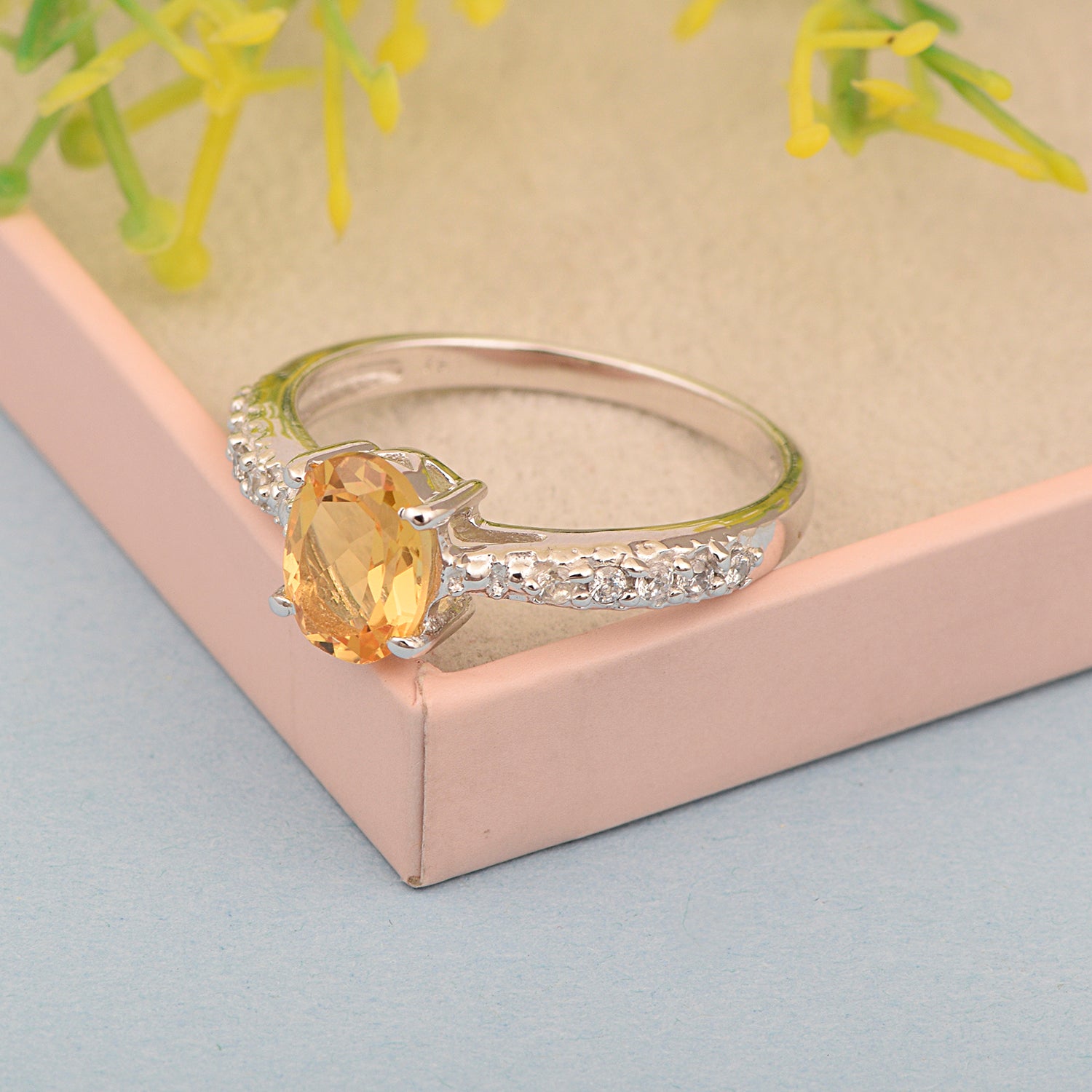 Solitaire Oval Cut 1.5 Ctw Citrine & White Accents 925 Sterling Silver Women Wedding Ring - Kimaya INC