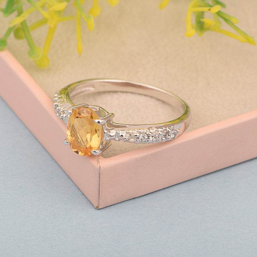 Citrine Oval Solitaire Accents Ring -Sterling Silver