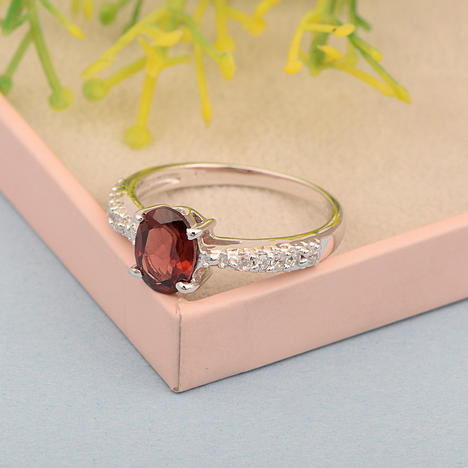 Solitaire Oval Cut 1.5 Ctw Garnet & White Accents 925 Sterling Silver Women Wedding Ring - Kimaya INC