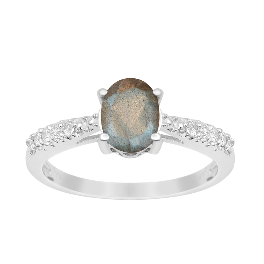 Labradorite Oval Solitaire Accents Ring -Sterling Silver
