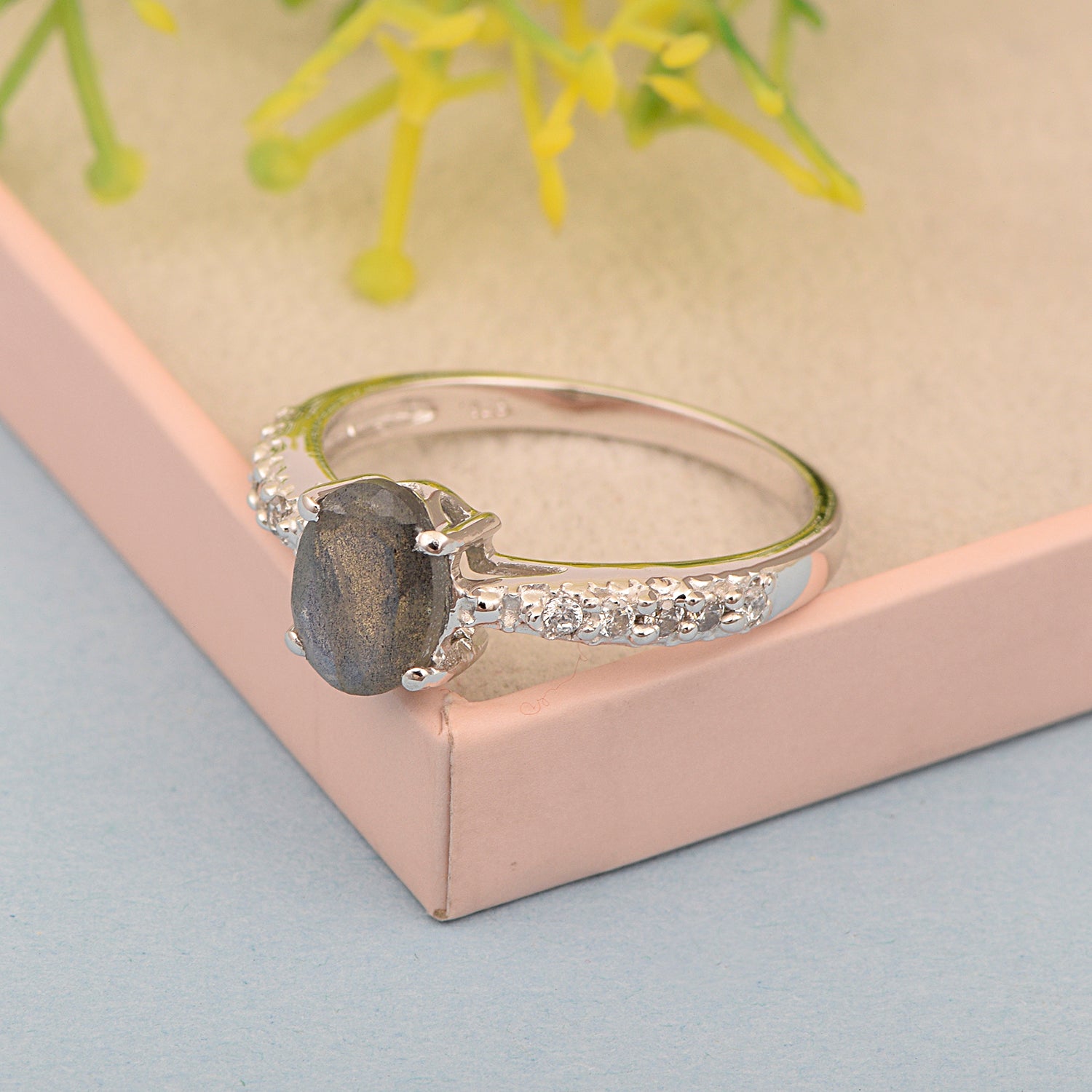 Solitaire Oval Cut 1.5 Ctw Labradorite & White Accents 925 Sterling Silver Women Wedding Ring - Kimaya INC