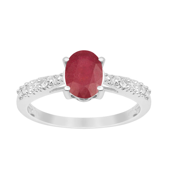 Solitaire Oval Cut 1.5 Ctw Ruby & White Accents 925 Sterling Silver Women Wedding Ring - Kimaya INC