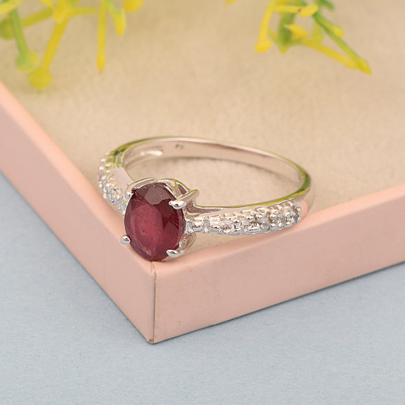 Solitaire Oval Cut 1.5 Ctw Ruby & White Accents 925 Sterling Silver Women Wedding Ring - Kimaya INC