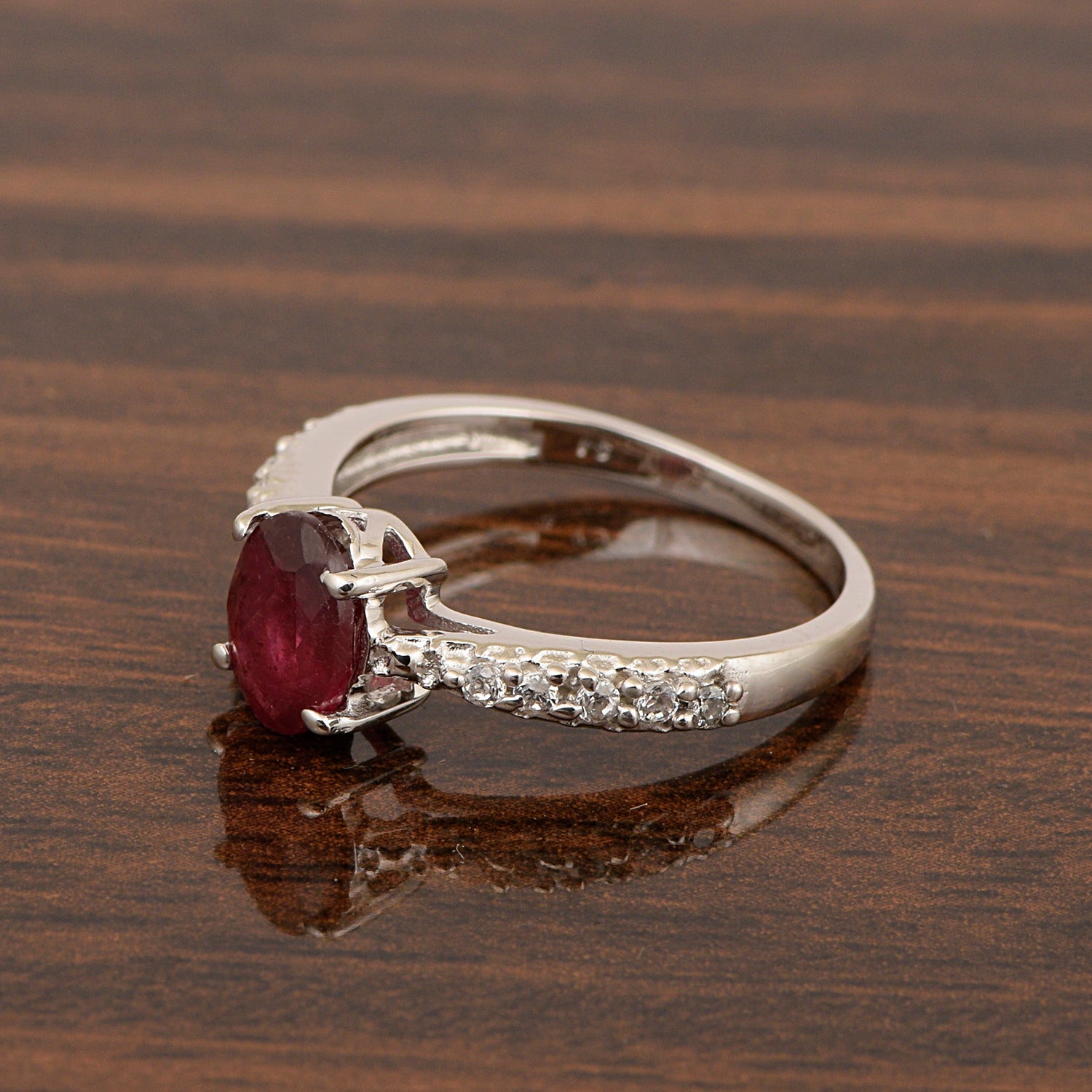 Solitaire Oval Cut 1.5 Ctw Ruby & White Accents 925 Sterling Silver Women Wedding Ring - Kimaya INC