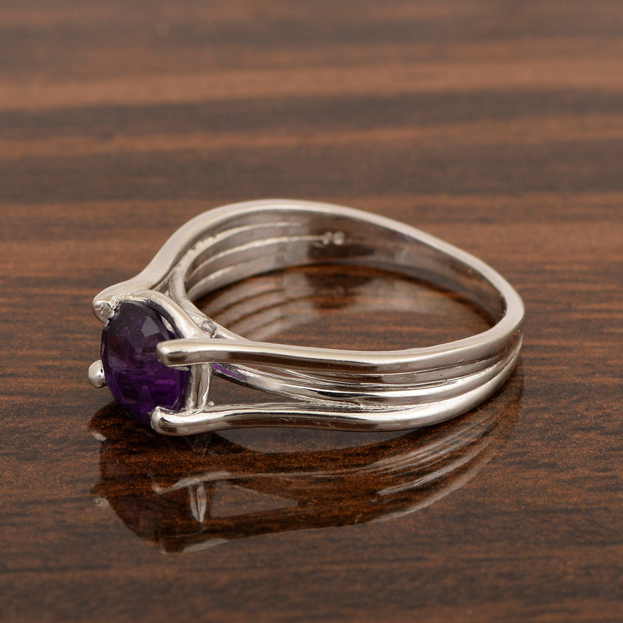 Amethyst Round 8mm Solitaire Ring - Sterling Silver