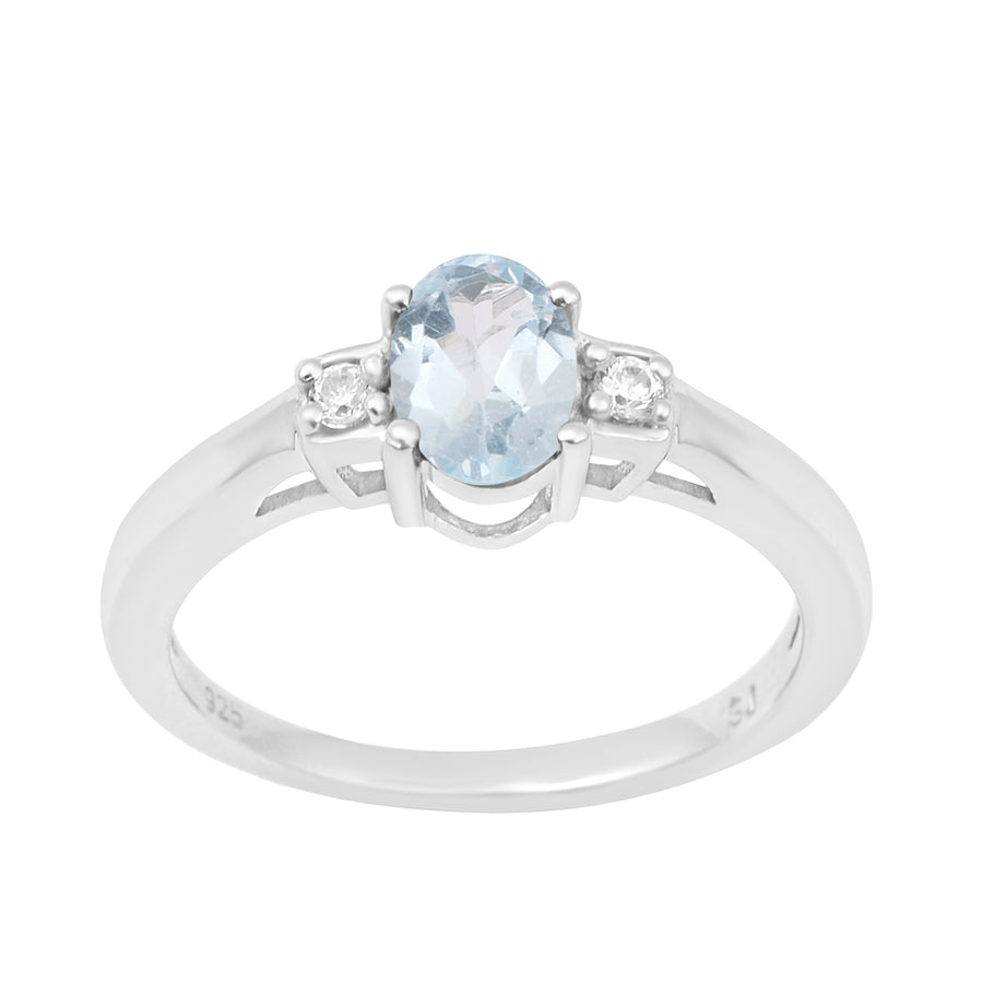 Aquamarine Oval and White Topaz Accent Ring - Sterling Silver
