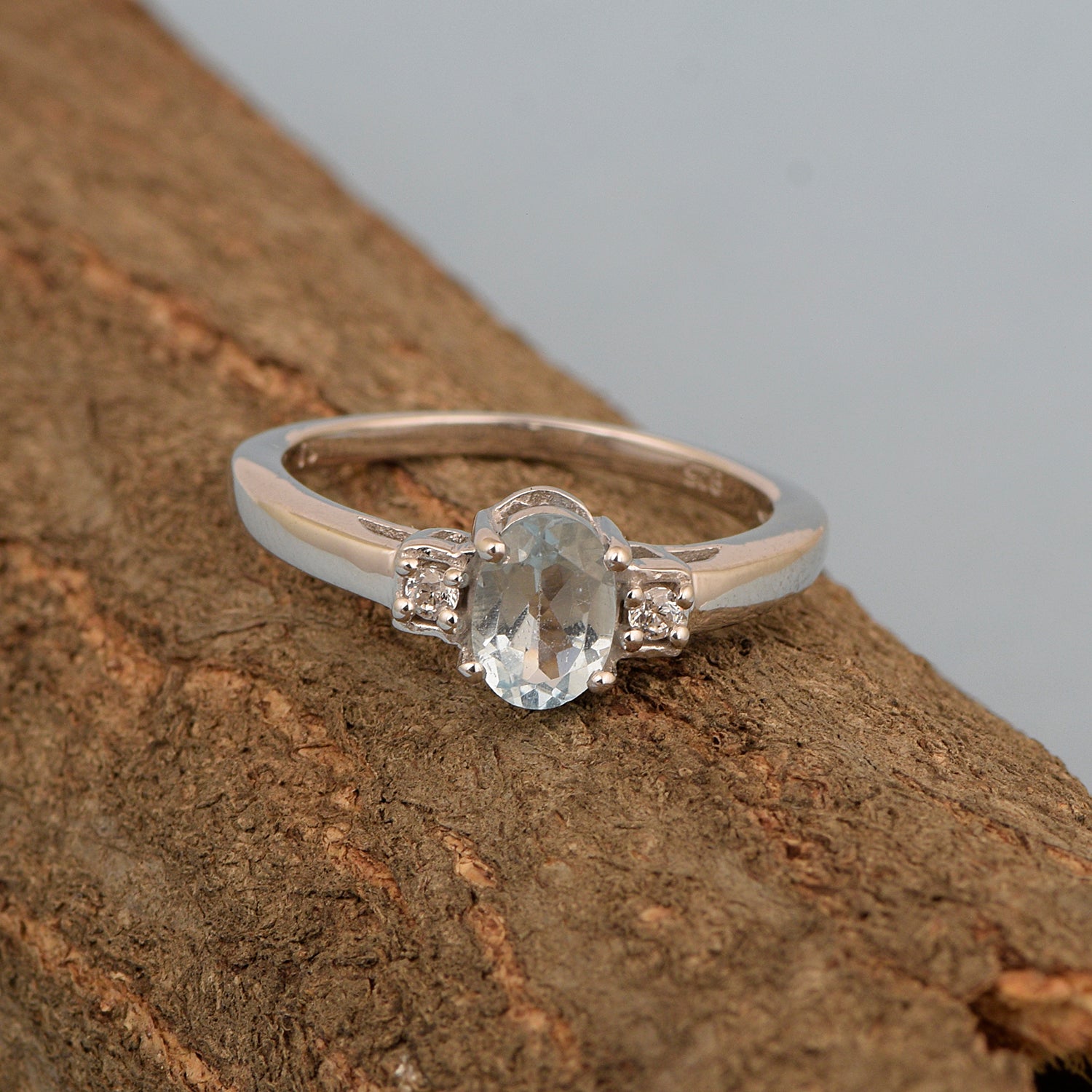 Aquamarine Oval 7X5 MM Gemstone 925 Sterling Silver 3-Stone Proposal Ring - Kimaya INC