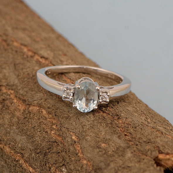 Aquamarine Oval 7X5 MM Gemstone 925 Sterling Silver 3-Stone Proposal Ring - Kimaya INC
