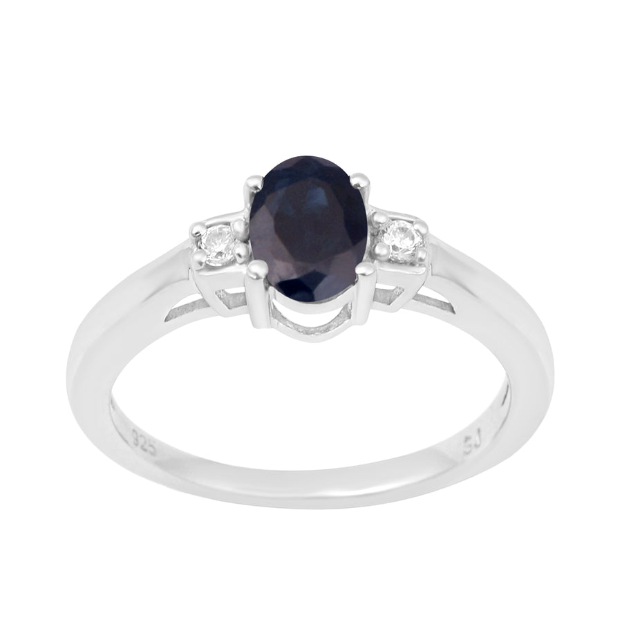 Blue Sapphire Oval and White Topaz Accent Ring - Sterling Silver