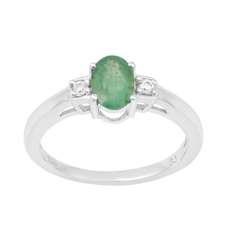 Emerald Oval and White Topaz Accent Ring - Sterling Silver