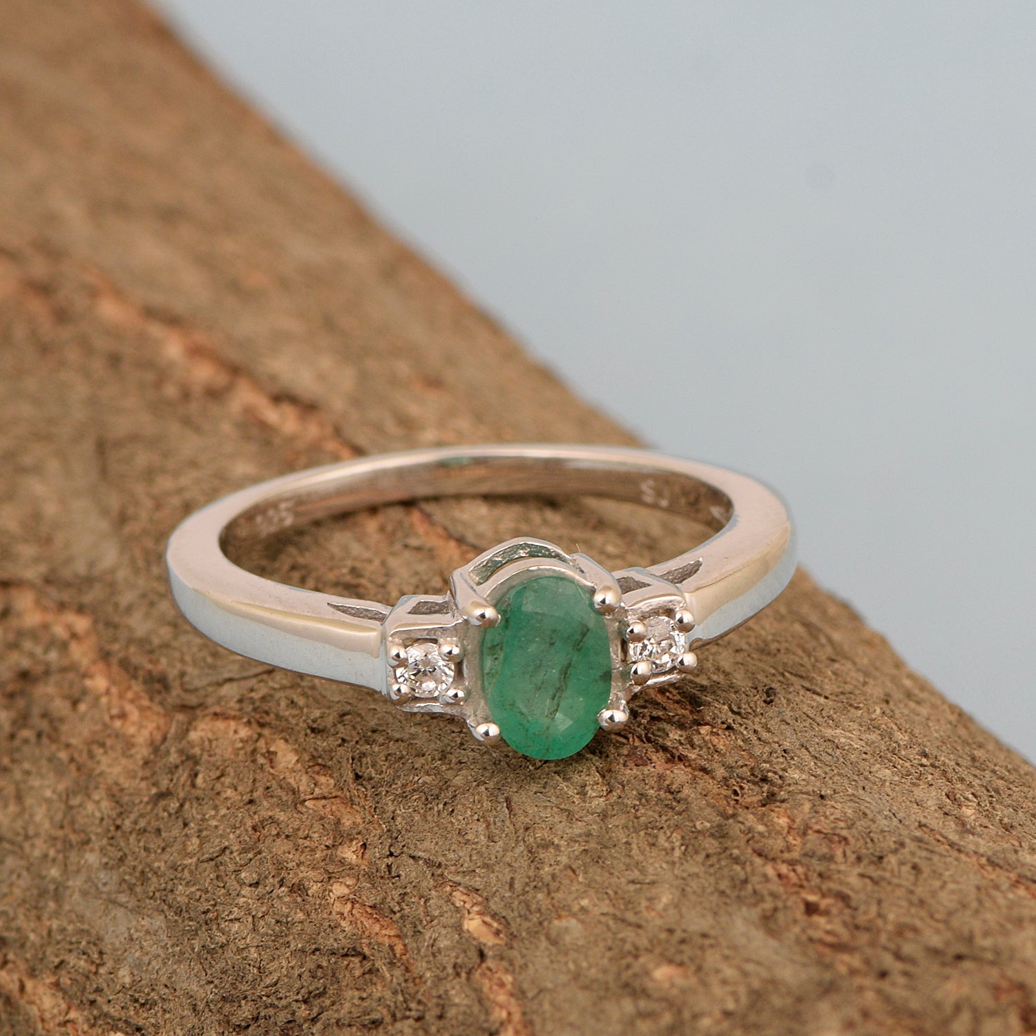 Emerald Oval 7X5 MM Gemstone 925 Sterling Silver 3-Stone Proposal Ring - Kimaya INC