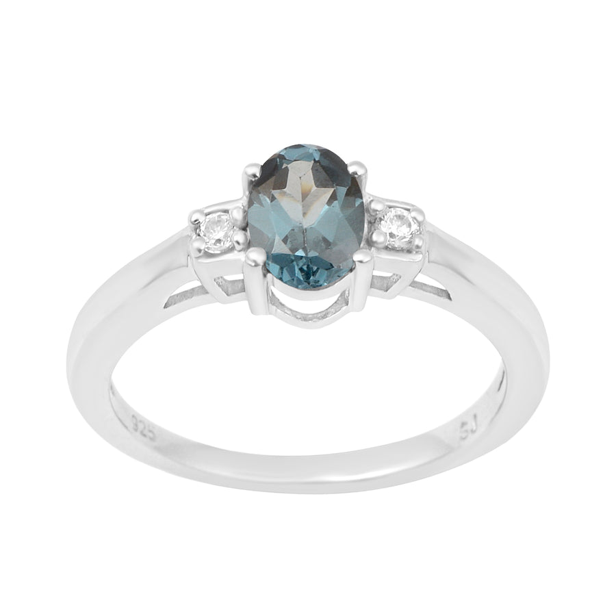 London Blue Topaz Oval 7x5 MM Three Stone Ring - Sterling Silver