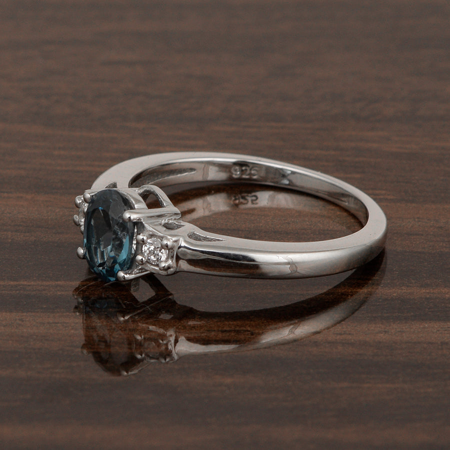 London Blue Topaz Oval 7x5 MM Three Stone Ring - Sterling Silver