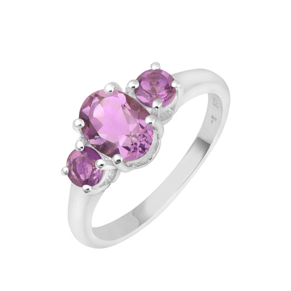 925 Sterling Silver Oval Cut 2.5 Ctw Amethyst Gemstone 3-Stone Ring - Kimaya INC