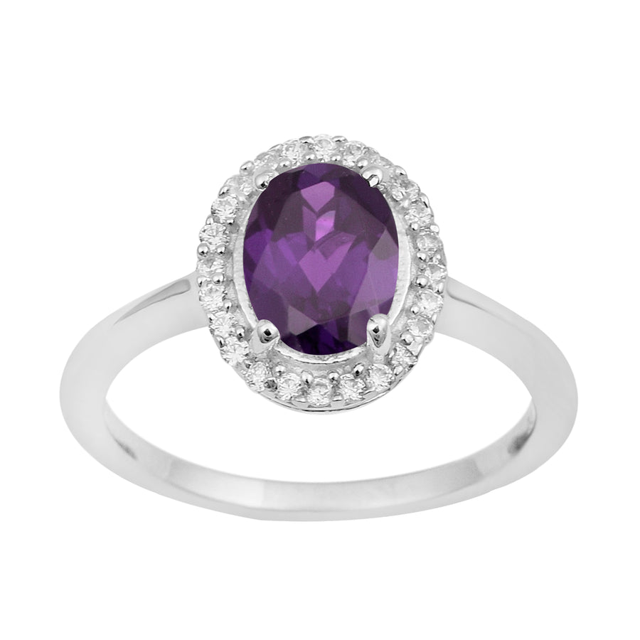 Amethyst Oval Solitaire Halo Ring - Sterling Silver