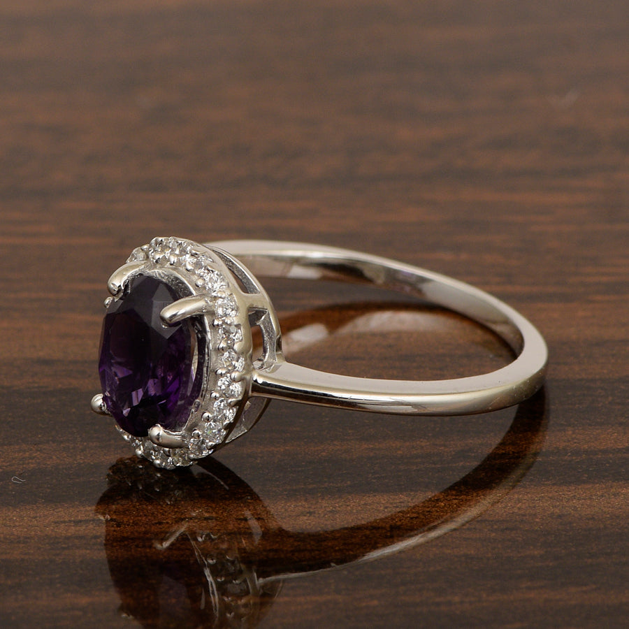 Amethyst Solitaire Halo Ring- Sterling Silver