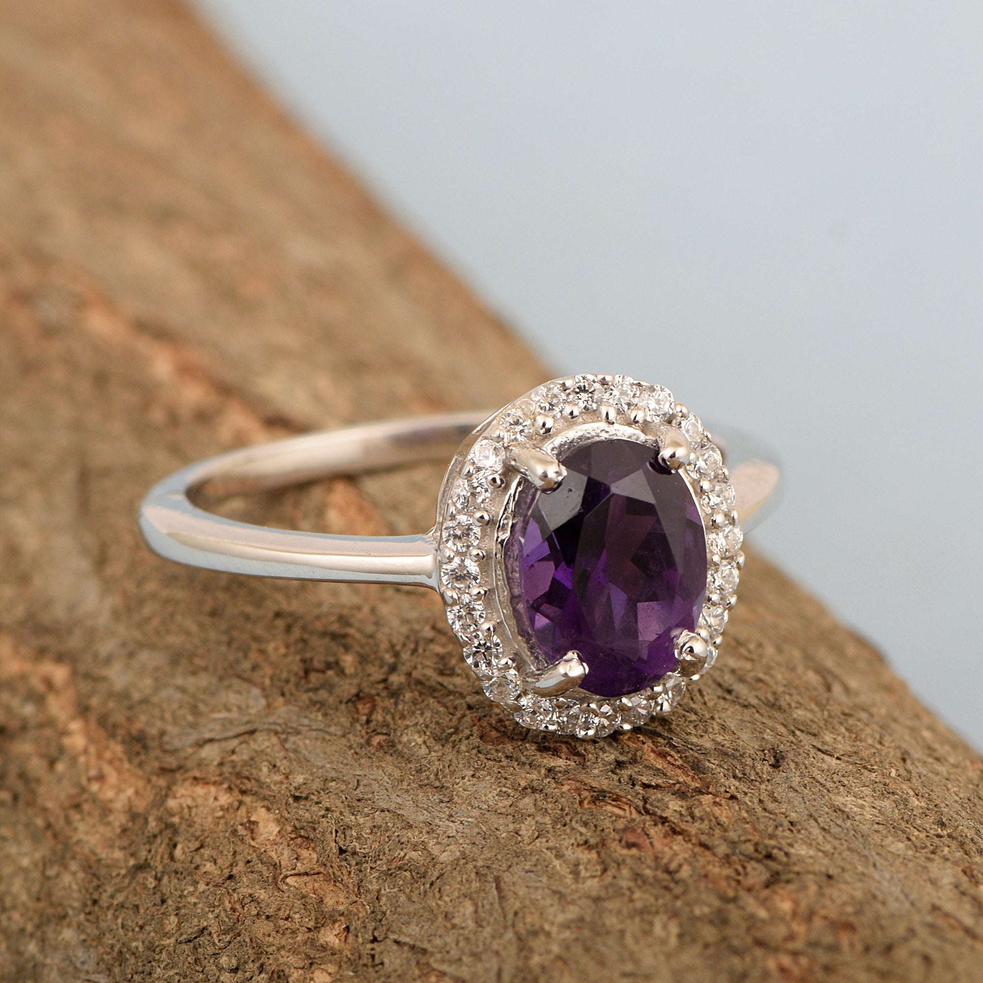 Art Deco Oval 8X6 MM Amethyst Gemstone 925 Sterling Silver Women Ring - Kimaya INC