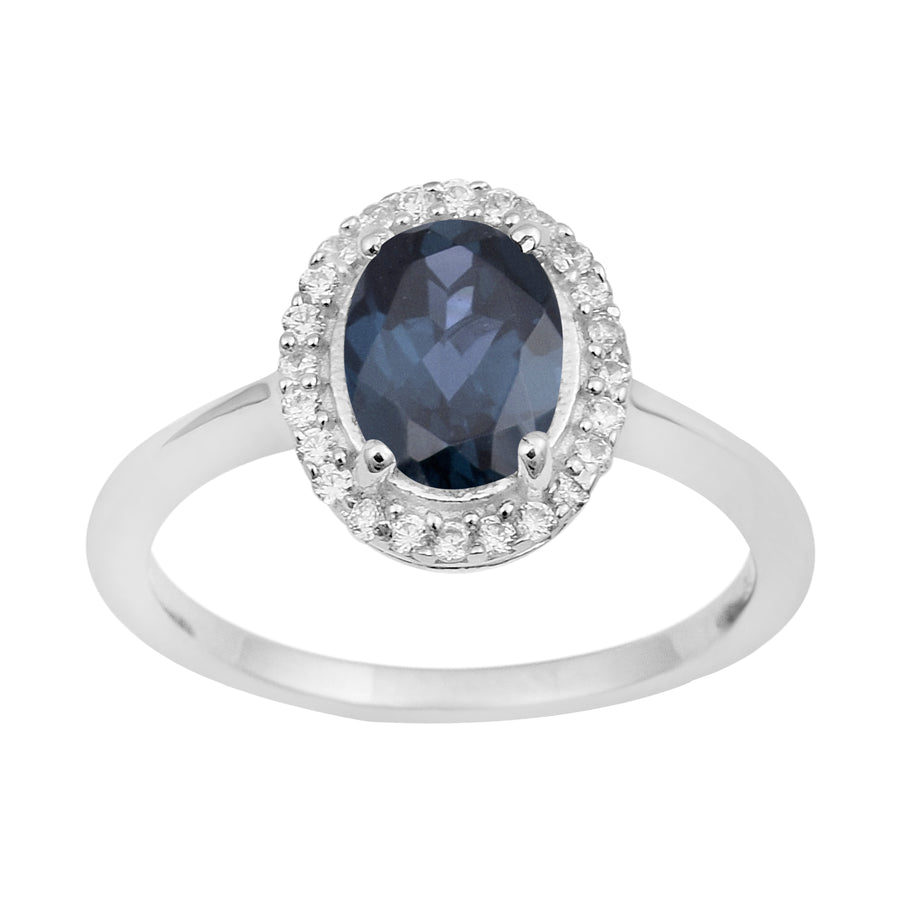 Blue Sapphire Oval Solitaire Halo Ring - Sterling Silver