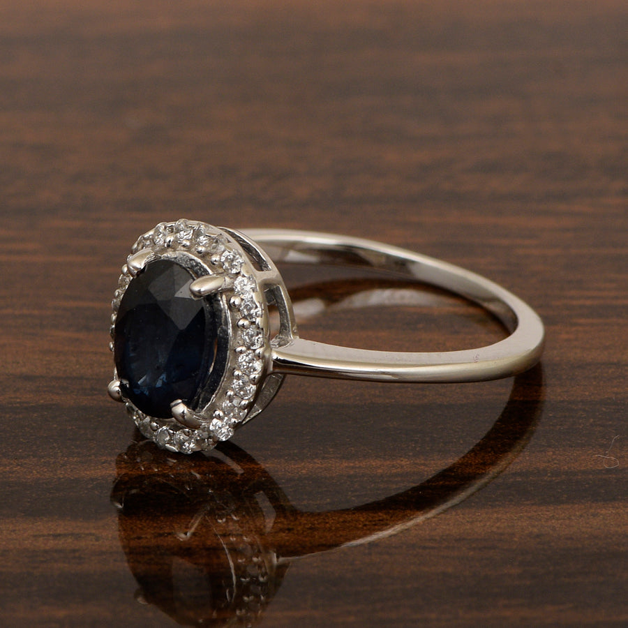Blue Sapphire Oval Solitaire Halo Ring - Sterling Silver