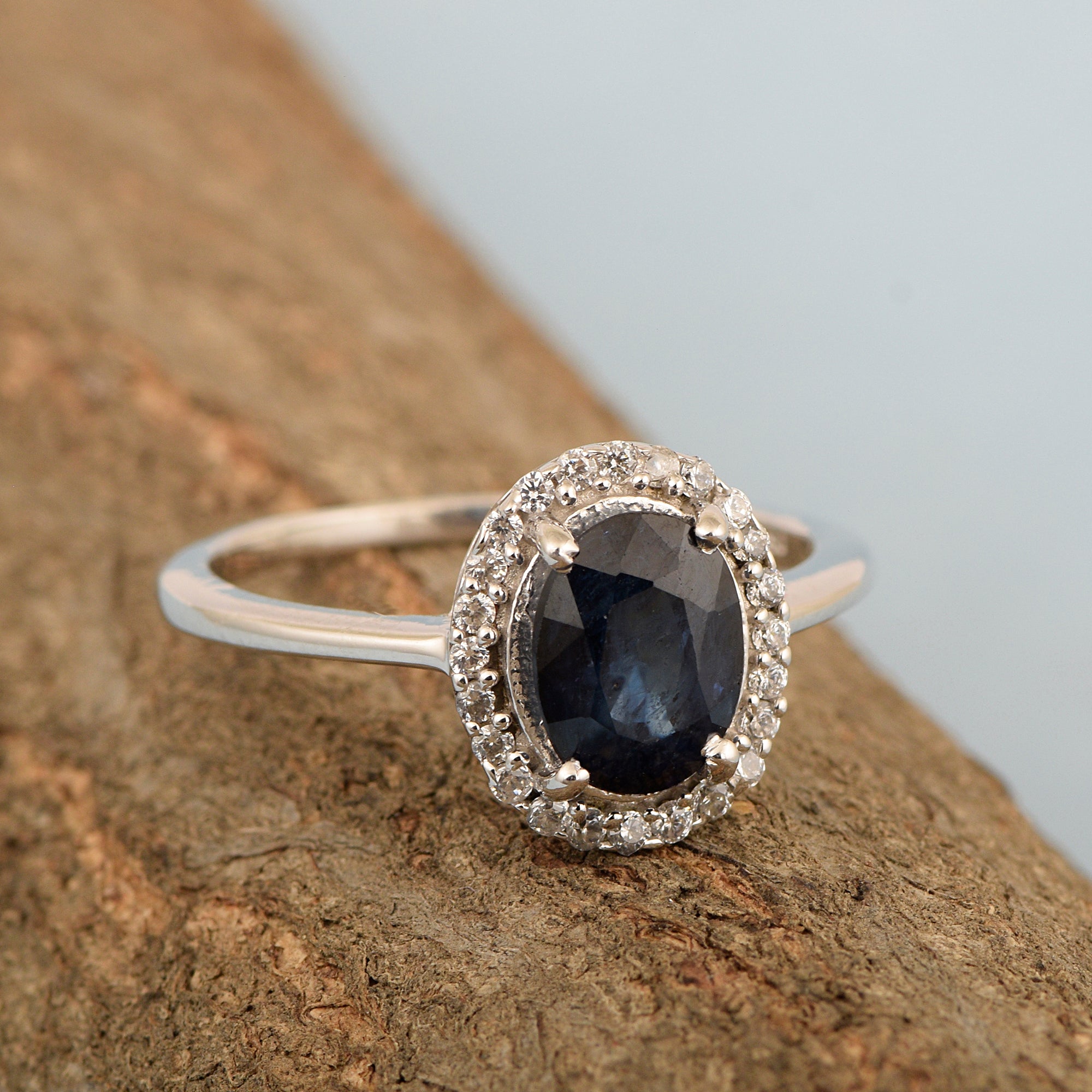 Art Deco Oval 8X6 MM Blue Sapphire Gemstone 925 Sterling Silver Women Ring - Kimaya INC