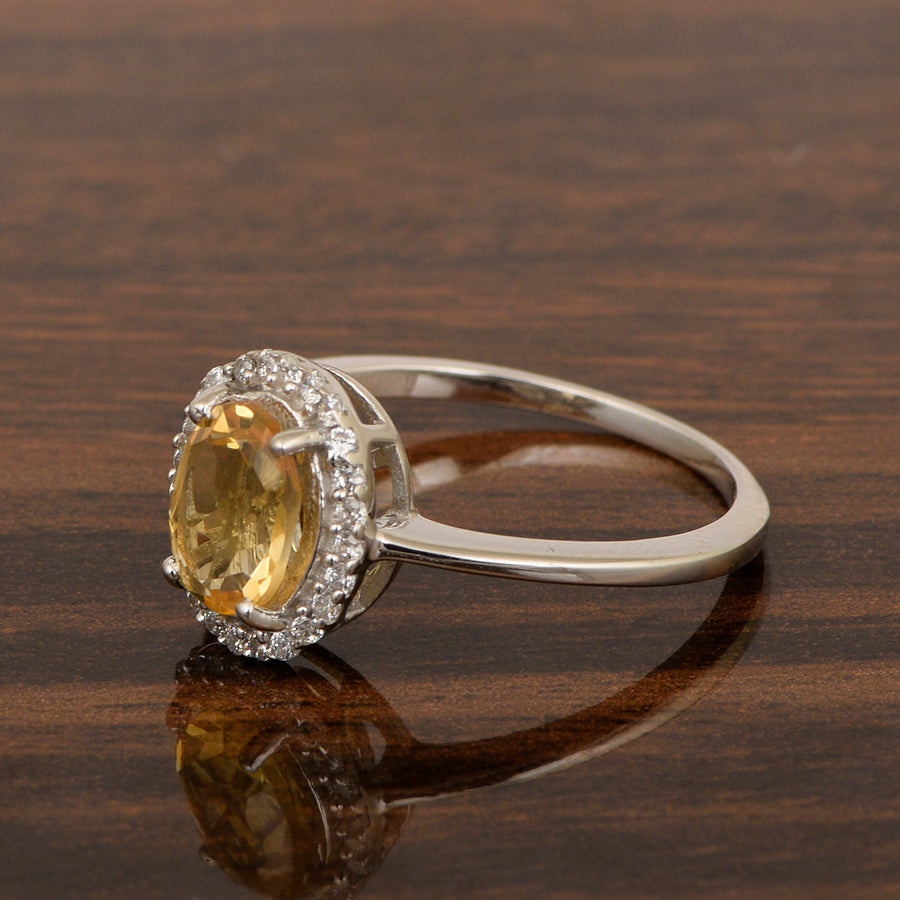 Citrine Oval Solitaire Halo Ring - Sterling Silver