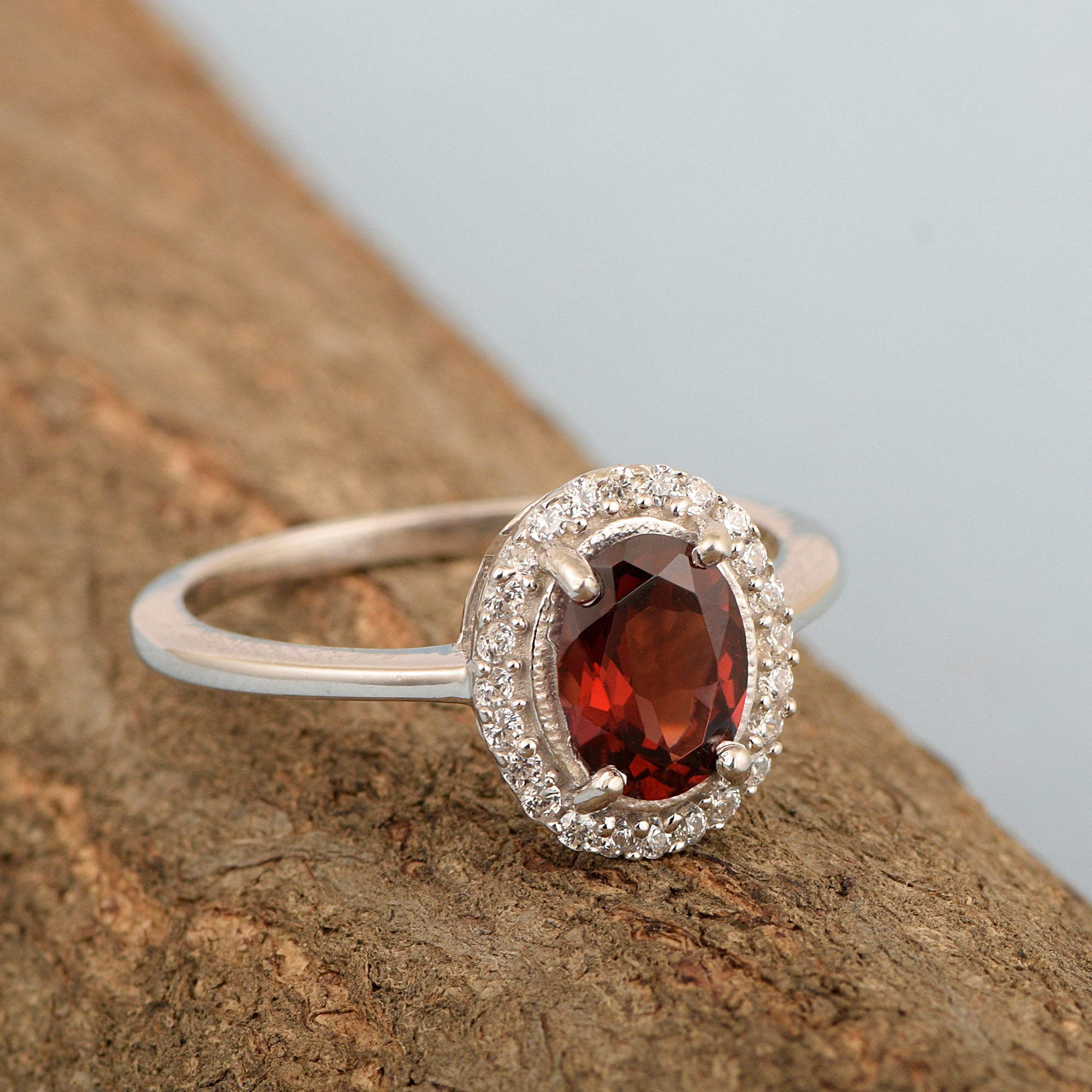 Art Deco Oval 8X6 MM Garnet Gemstone 925 Sterling Silver Women Ring - Kimaya INC