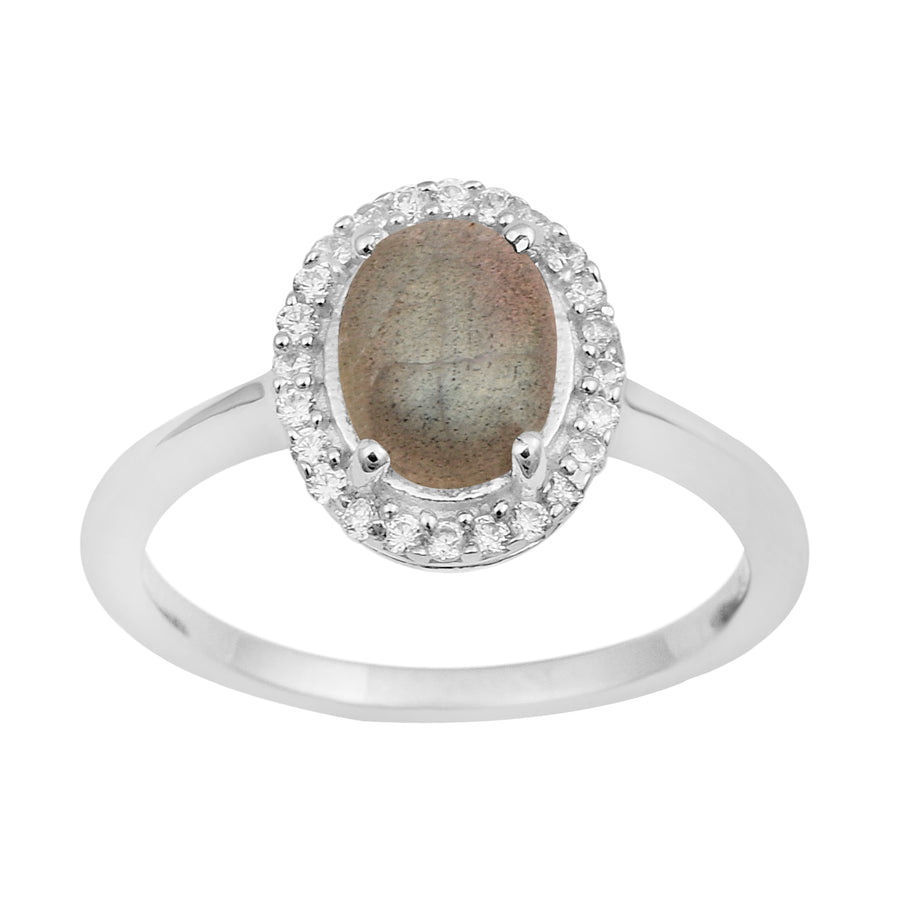Labradorite Oval Solitaire Halo Ring - Sterling Silver
