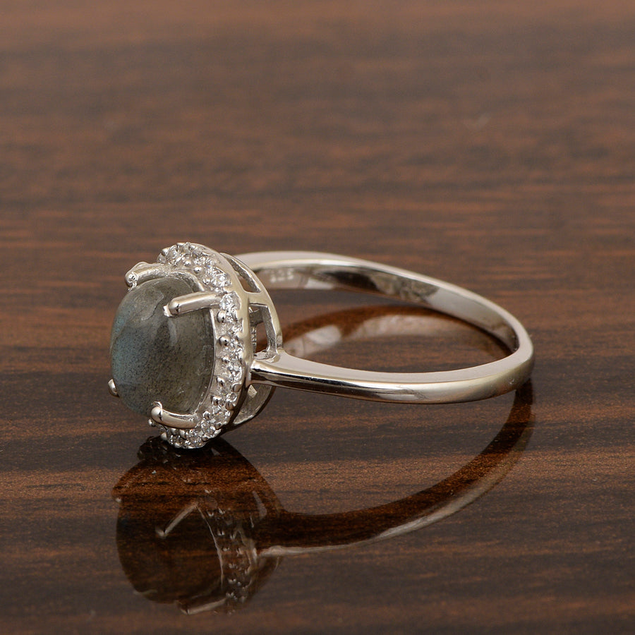 Labradorite Oval Solitaire Halo Ring - Sterling Silver