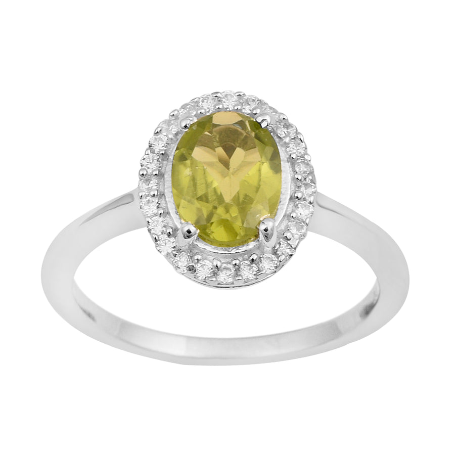Peridot Oval Solitaire Halo Ring - Sterling Silver