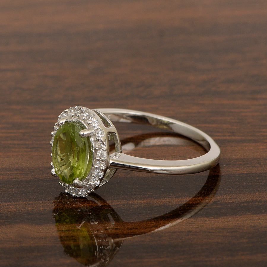 Peridot Oval Solitaire Halo Ring - Sterling Silver