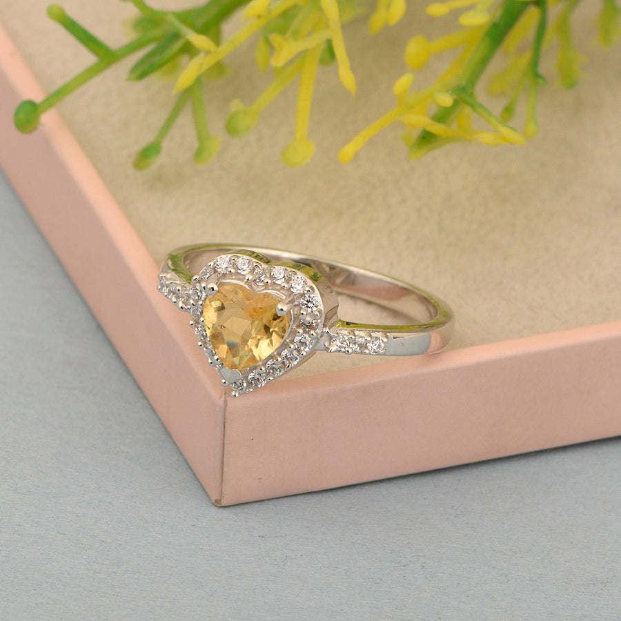 Citrine Heart Shape Halo Ring - Sterling Silver