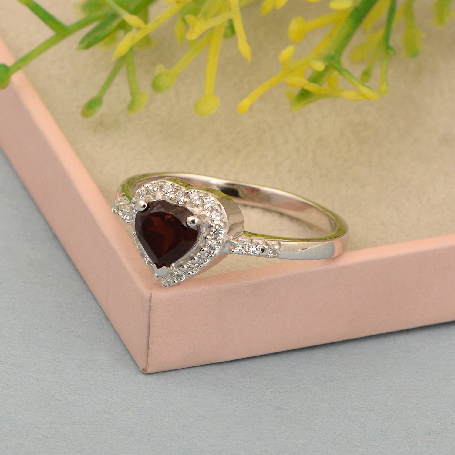 925 Sterling Silver Heart Cut 6mm Garnet Women Engagement Ring - Kimaya INC