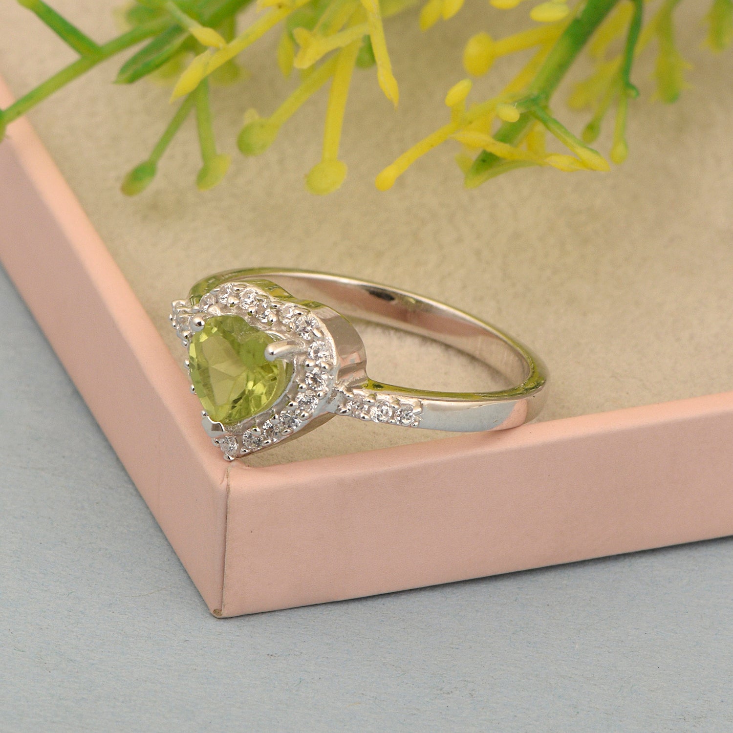 925 Sterling Silver Heart Cut 6mm Peridot Women Engagement Ring - Kimaya INC