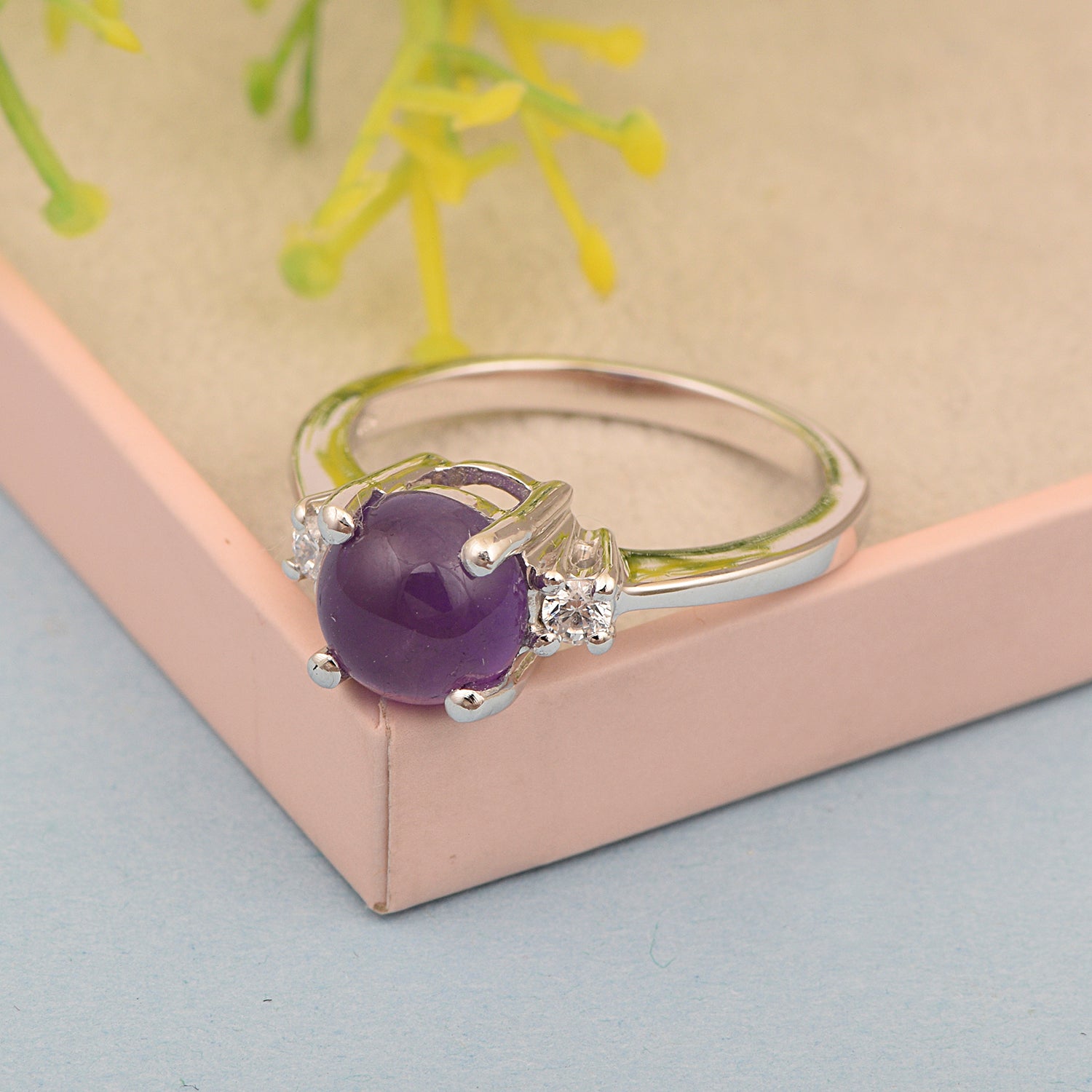 Round 8mm Amethyst Gemstone 925 Sterling Silver Solitaire Ring - Kimaya INC