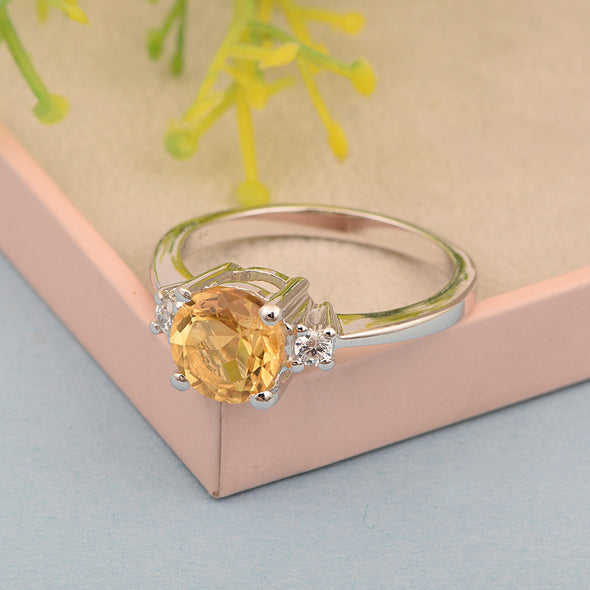 Round 8mm Citrine Gemstone 925 Sterling Silver Solitaire Ring - Kimaya INC