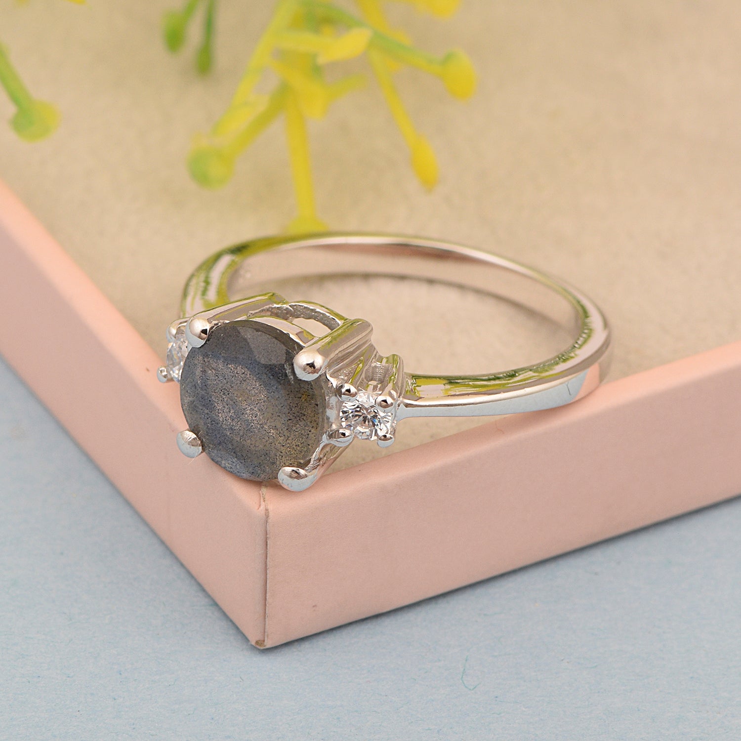 Round 8mm Labradorite Gemstone 925 Sterling Silver Solitaire Ring - Kimaya INC