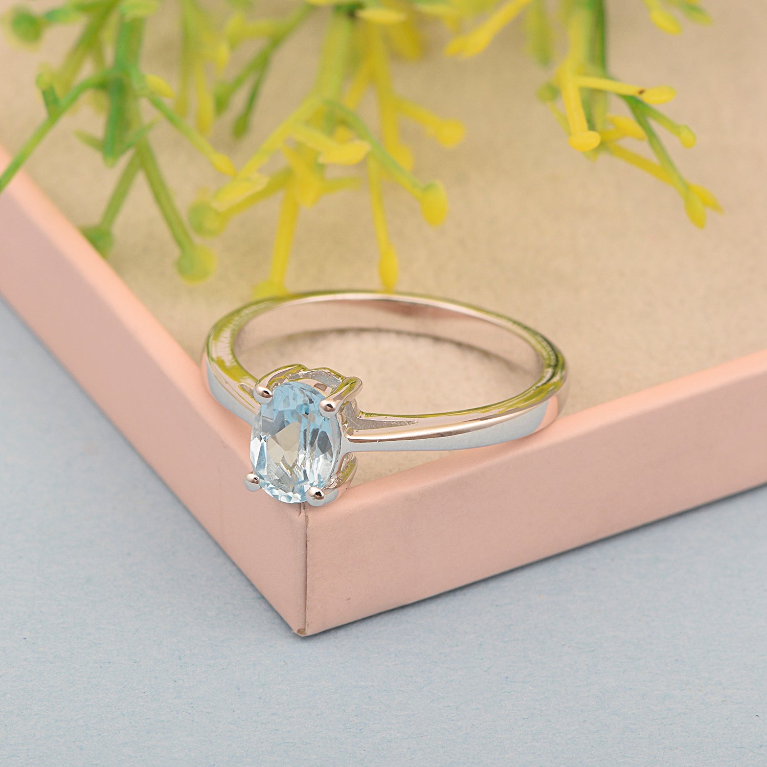 Stackable 925 Sterling Silver Oval 7x5mm Aquamarine Gemstones Women Ring - Kimaya INC