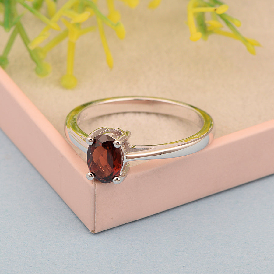 Garnet Solitaire Minimalist Classic Ring- Sterling Silver