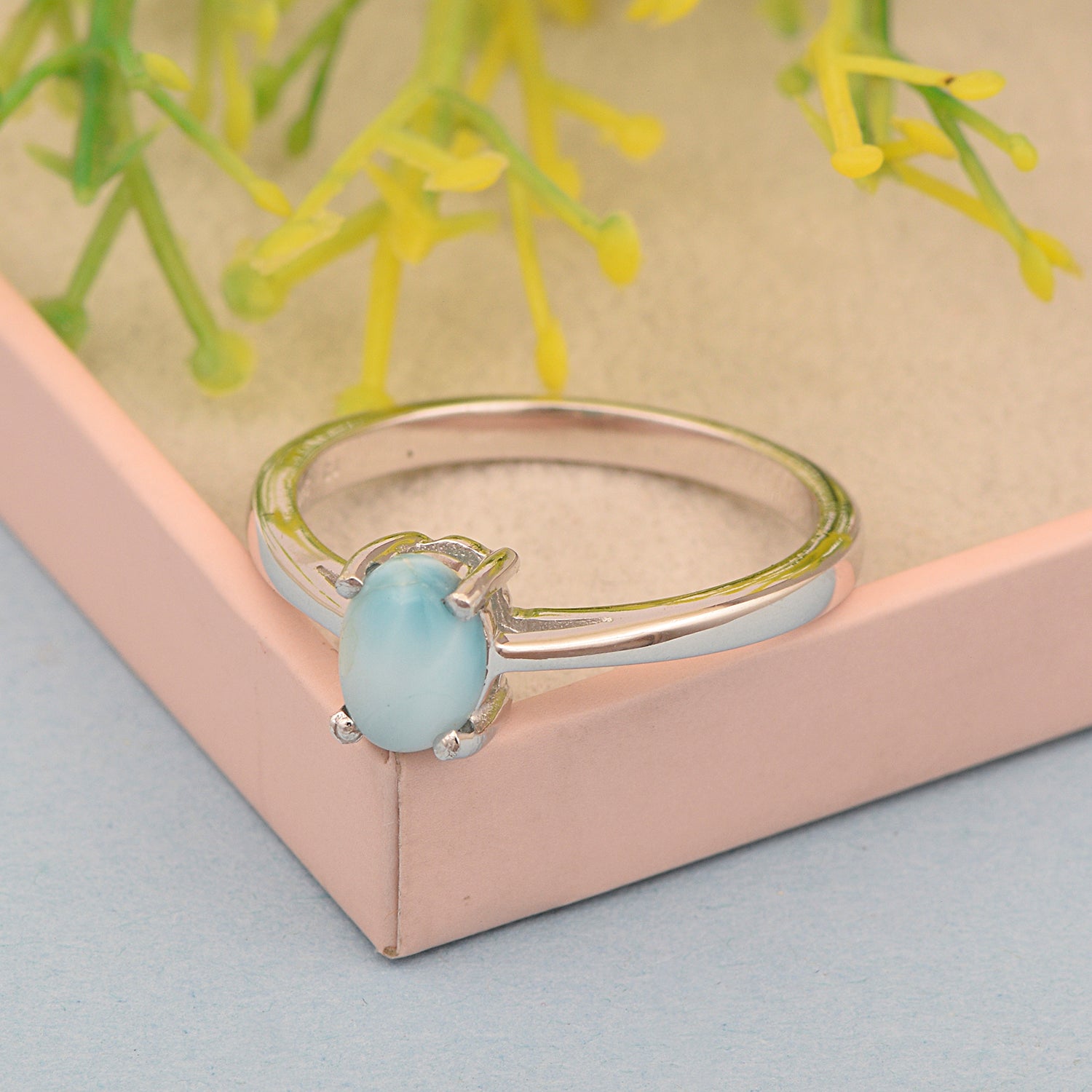 Stackable 925 Sterling Silver Oval 7x5mm Larimar Gemstones Women Ring - Kimaya INC