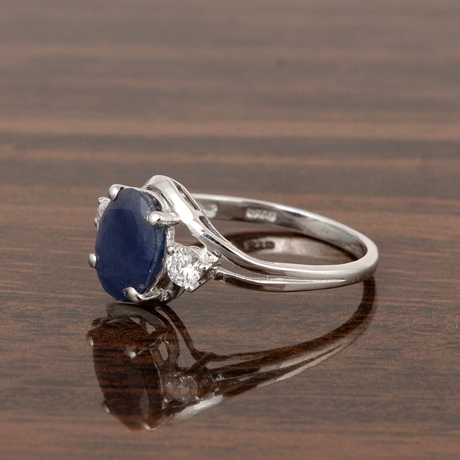 Blue Sapphire Oval Split Shank Ring - Sterling Silver