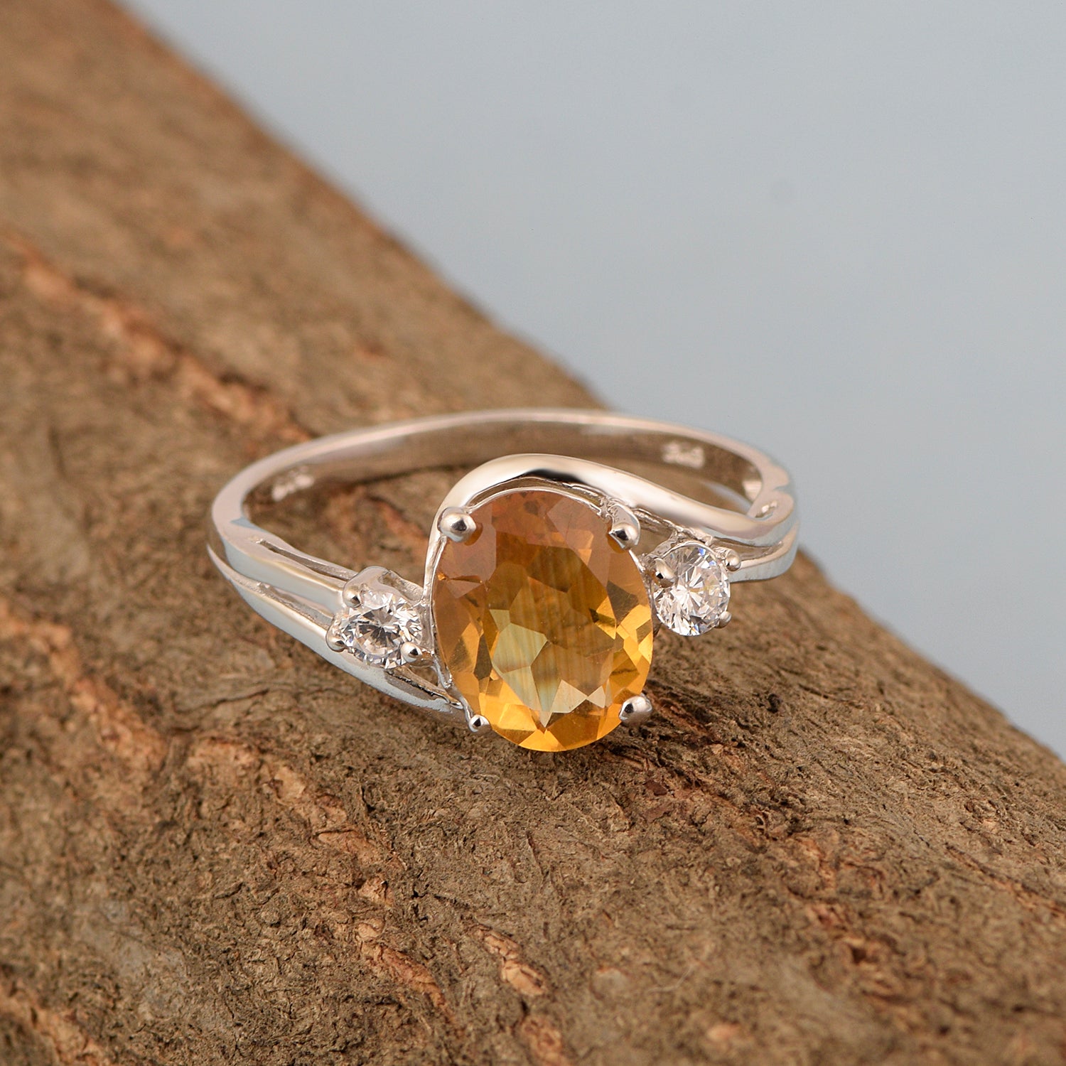 Sterling Silver Oval 2.25 Ctw Citrine with White Topaz Accent Women Rings - Kimaya INC
