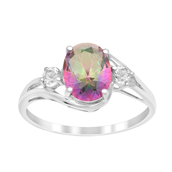 Sterling Silver Oval 2.25 Ctw Mystic Topaz with White Topaz Accent Women Rings - Kimaya INC