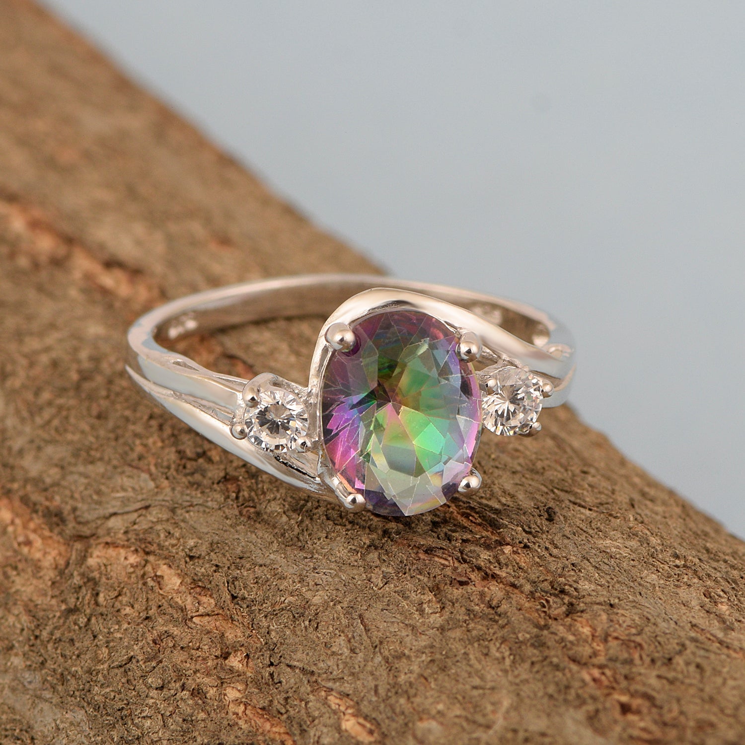 Sterling Silver Oval 2.25 Ctw Mystic Topaz with White Topaz Accent Women Rings - Kimaya INC
