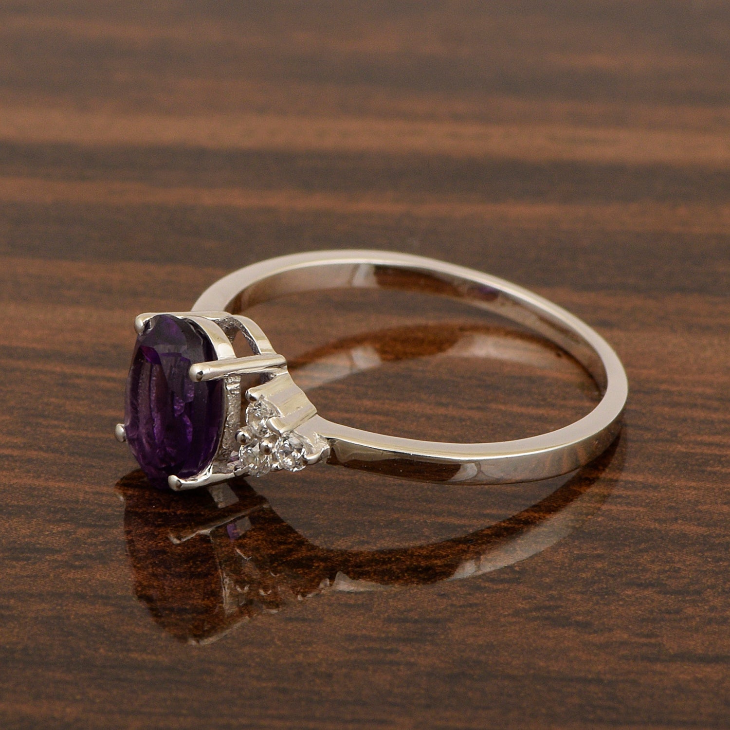 Solitaire Oval 8x6mm Amethyst & White Accents Women Wedding Ring - Kimaya INC