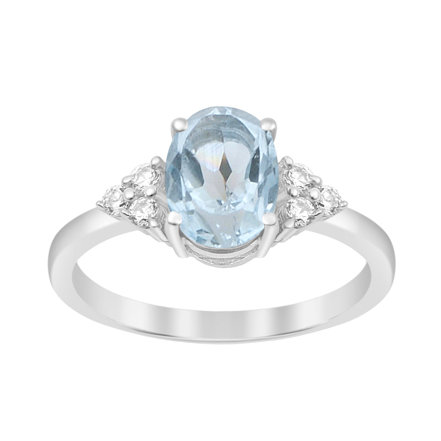 Aquamarine Solitaire Accents Wedding Ring -Sterling Silver