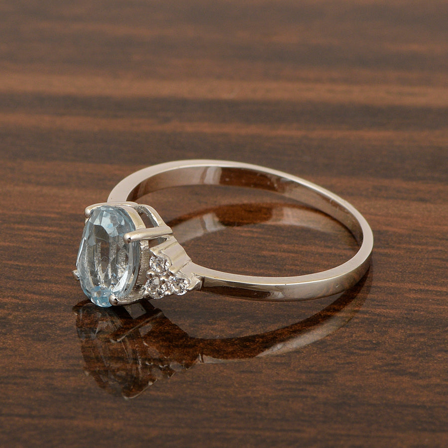 Aquamarine Solitaire Accents Wedding Ring -Sterling Silver