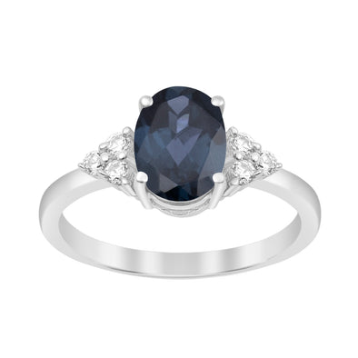 Solitaire Oval 8x6mm Blue Sapphire & White Accents Women Wedding Ring - Kimaya INC