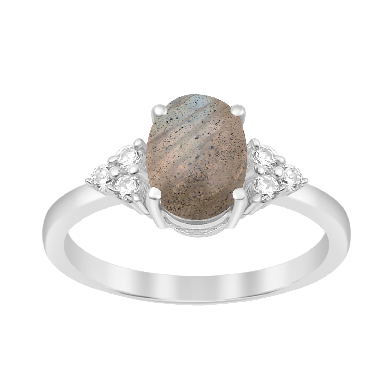 Solitaire Oval 8x6mm Labradorite Cabochon & White Accents Women Wedding Ring - Kimaya INC