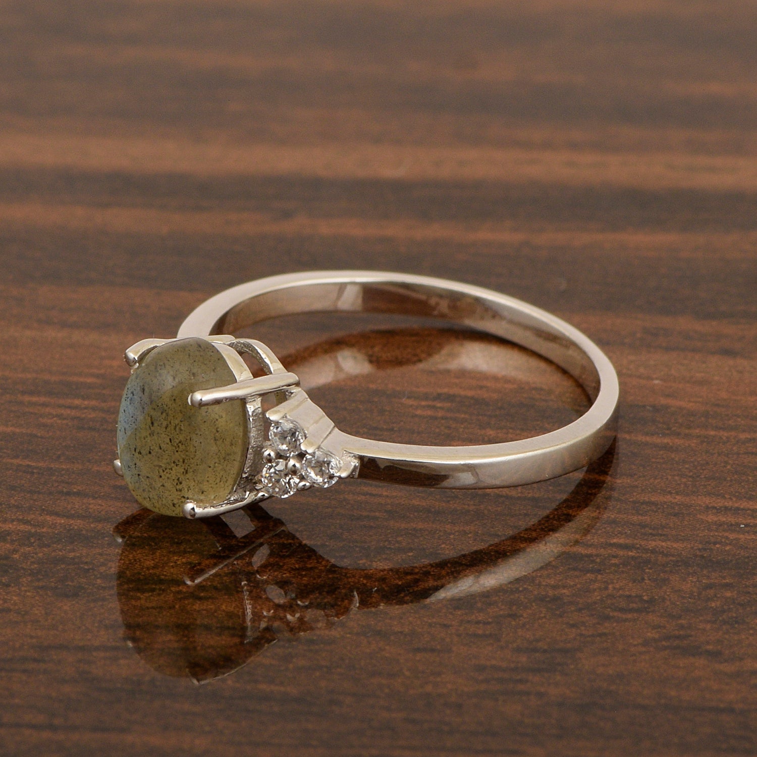 Solitaire Oval 8x6mm Labradorite Cabochon & White Accents Women Wedding Ring - Kimaya INC